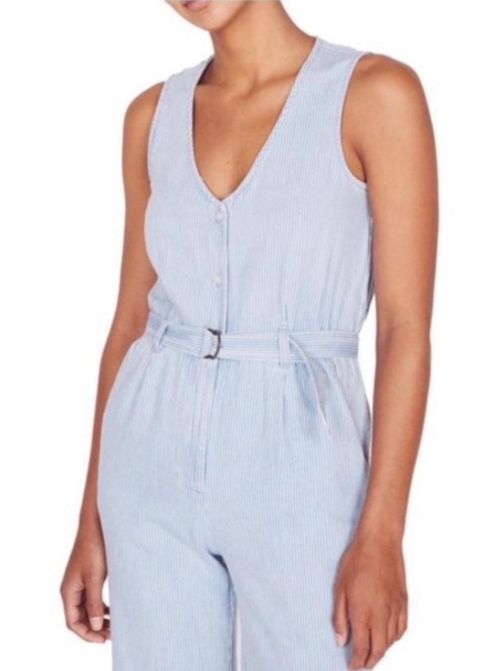 Obey Ombre Light Blue Pinstripe Sleeveless Belted Jumpsuit, size medium - Picture 4 of 9